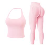 MAYROUND Womens Workout Sets Gym Outfits 2 Pieces Seamless Longline Halter Backless Crop Top Hidden Scrunch Leggings Yoga Tracksuit
