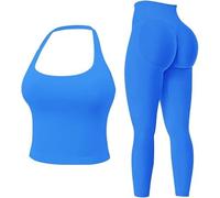 MAYROUND Womens Workout Sets Gym Outfits 2 Pieces Seamless Longline Halter Backless Crop Top Hidden Scrunch Leggings Yoga Tracksuit