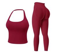 MAYROUND Womens Workout Sets Gym Outfits 2 Pieces Seamless Longline Halter Backless Crop Top Hidden Scrunch Leggings Yoga Tracksuit