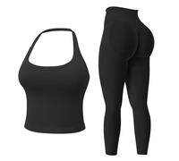 MAYROUND Womens Workout Sets Gym Outfits 2 Pieces Seamless Longline Halter Backless Crop Top Hidden Scrunch Leggings Yoga Tracksuit