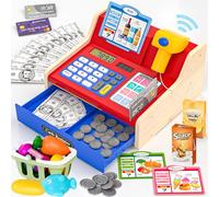 maysida Cash Register for Kids Age 3+, Wooden Till Cash Register with Scanner&Sounds, Pretend Play Toy Till with Toys Money/Coins/Credit Card/Shopping Basket/Pretend Food, Boys/Girls Brithday Gift Toy