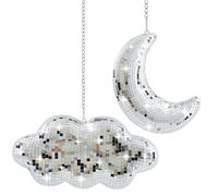 Maysing 2 Pcs Hanging Disco Ball Cloud Moon Shaped with Chain, Silver Stage Glass Mirror Disco Balls Retro Reflective Decoration for Christmas Tree Wedding Nightclub Party Room Ornaments