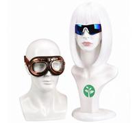 Maysing 4 Pcs Halloween Robot Couple Costume Accessories Set Include White Bob Wig with Bangs, Futuristic Sunglasses, Steampunk Goggles, Eco Sticker Vintage Robot Cosplay Outfit for Men, Women