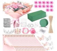 Maysing Thanksgiving Money Bouquet Kit 12 Pcs Glitter Roses 20 Sheet Flower Wrapping Paper DIY Flower Bouquet Floral Foam Blocks Sticker for Anniversary Birthday Mother's Day Graduation(Pink)