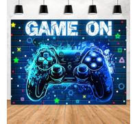 MAYSSKQ Video Game Party Backdrop Blue Neon Glow Level Up Birthday Background Gamer Boy Arcade Party Family Night Backdrops Cake Table Decorations (7x5ft)