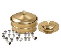 Mayur Exports Communion Ware Set -2 Holy Wine Serving Trays with A Lid & 2 Stacking Bread Plates with A Lid + 80 Cups - Stainless Steel, Communion Supplies for Church - Brass Gold Finish