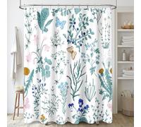 MAYZUS Extra Long Shower Curtain 72 x 84 Inch, Tall Teal Floral Fabric Shower Curtain, Cute Botanical Herbs Flower Butterfly Aesthetic Bathroom Shower Curtain Set with Hooks