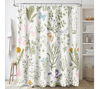 MAYZUS Extra Long Shower Curtain 72 x 84 Inch, Tall Vintage Botanical Fabric Shower Curtain, Sage Green Beige Cute Boho Floral Aesthetic Bathroom Shower Curtain Set with Hooks