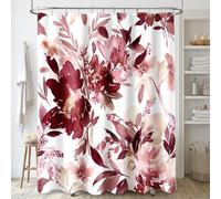 MAYZUS Extra Long Shower Curtain 72 x 96 Inch, Floor to Ceiling X-Long Tall Watercolor Floral Fabric Shower Curtain, Modern Abstract Burgundy Red Flower Bathroom Shower Curtain Set with Hooks