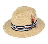 Maz Straw Summer Panama Fedora Packable Trilby Hat with Stripey Band and Adjustable Sweatband (Beige, Large(59cm))