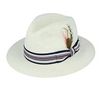 Maz Straw Summer Panama Fedora Packable Trilby Hat with Stripey Band and Adjustable Sweatband (Cream, Medium(57cm))