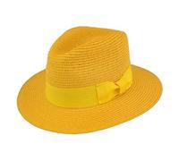 MAZ Unisex Paper Straw Crushable Foldable Summer Panama Fedora HAT with Band and Adjustable Sweatband in 8 Colours (XLarge, Yellow)
