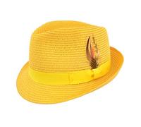 MAZ Unisex Paper Straw Crushable Foldable Summer Trilby HAT with Band and Removable Feather and Adjustable Sweatband in 6 Colours (Medium, Mustard Yellow)