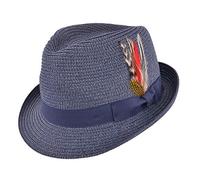 MAZ Unisex Paper Straw Crushable Foldable Summer Trilby HAT with Band and Removable Feather and Adjustable Sweatband in 6 Colours (Small, Navy)