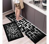 Maze Pattern Kitchen Rugs Non Skid Washable Mats Set of 2 PCS, Line Geometry Absorbent Runner Rugs for Kitchen, Front of Sink,Sink Laundry, 43x75cm+43x120cm Black