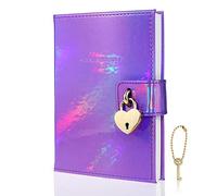 Mazeran Heart Shaped Lock Journal, Rainbow Laser PU Hard Cover Notebook Travel Diary, B6 Ruled Locking with Key Personal Work Log Notes Secret Organizers Gift for Girls Women Daughter