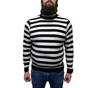 Mazeys Mens Retro Striped Crew Neck Long Sleeve Jumper (White/Black) Size Large