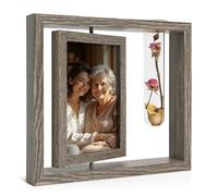 Mazjoaru Picture Frames 4x6, Wooden Double Sided Square Rustic Rotating Floating Photo Frame with Glass Vase Tabletop Standing Decor Gifts for Wedding Family Best Friends, Mothers Day Gift