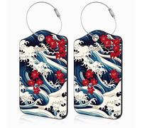 Mazumbuy 2 Pack Luggage Tags for Suitcases Japanese Wave with Red Flower Leather Luggage Tags Privacy Cover ID Label with Stainless Steel Loop and Address Card for Women Men Travel Bag Backpack