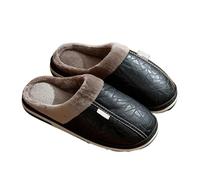 MBACODAI Men's slippers Winter Big Size Indoor Waterproof PU Leather Large Sizes Home Cotton shoes Fur Flat Cotton Bedroom Houseshoes(Black,15 UK)