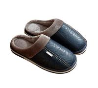 MBACODAI Men's slippers Winter Big Size Indoor Waterproof PU Leather Large Sizes Home Cotton shoes Fur Flat Cotton Bedroom Houseshoes(Blue,15 UK)