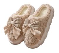 MBACODAI Sweet Bowknot Furry Indoor Slippers Women Winter Comfort Non Slip Home Cotton Slippers Warm Fluffy Fur Slides for Woman(Khaki,6 UK)