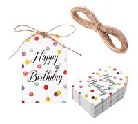 MBAIYO 100Pcs Happy Birthday Gift Tags with String - Personalized Paper Tags for Presents, Invitations and Wish Cards