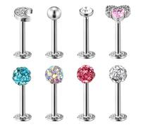 MBAIYO 16G Cartilage Tragus Earrings, 8PCS Surgical Steel Stainless Steel Helix Set Flat Back Piercing Moon Heart Ball Lip Bars Labret Stud Set 8mm