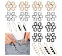 MBAIYO 20 Sets Pant Waist Tightener for Women, No Sew Metal Button Tighteners Flower Buttons Pins Waist Cincher Clips Reusable Metal Pearl Brooch Decoration Accessories for Loose Jeans Pants