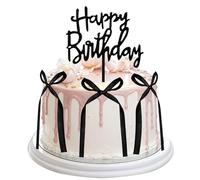 MBAIYO 24 Pcs Bow Cake Topper, Black Ribbon Bow Cake Topper with Happy Birthday Sign Ribbon Bows and 4 Card Inserts Birthday Decorations Vintage Cakes Toppers Party Decor(Black)
