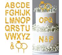 MBAIYO 28 Pcs Wedding Cake Topper, Gold Cake Letters Topper DIY Custom Cake Toppers with Diamond Ring and 26 Acrylic Letters Personalized Bride Groom Initial Sign for Anniversary Baby Shower Birthday