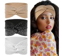 MBAIYO 3Pcs Elastic Headbands, Women's Knotted Wide Scarfs Sparkly Crystal African Turban Wraps Stretchy Rhinestone Wide Head Wraps Sport Hair Bands for Women (Black White Khaki)