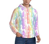 Mbcbjg Unicorns On Colorful Stripes Print Men'S Casual Hoodie Pullover, Thin Fleece Long Sleeve Loose Hooded Sweatshirt With Pocket And Comfortable Drawstring For Workout Black