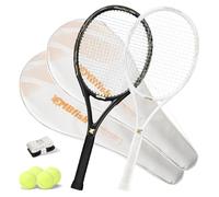 MBFISH Tennis Racket - Super Value Set with Pre-Strung, Comfortable Handle, 27'' Tennis Racquet for Adults, includes 4 Tennis Balls, 2 Overgrips and 2 Tennis Bag (White Black)