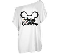 MBN Women Oversized One Shoulder Merry Christmas Slogan Printed Batwing Xmas T Shirt Mickey Mouse Print White Plus Size (UK 20/22)
