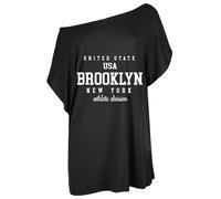 MBN Womens Brooklyn USA Printed Baggy Oversized Batwing One Shoulder Bardot Basic T Shirt Tee Top Black Plus Size (UK 20/22)