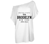 MBN Womens Brooklyn USA Printed Baggy Oversized Batwing One Shoulder Bardot Basic T Shirt Tee Top White Plus Size (UK 16/18)
