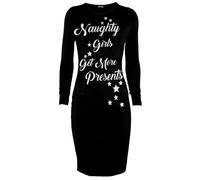 MBN Womens Christmas Naughty Girls Get More Presents Long Sleeve Xmas Bodycon Dress Naughty Girls Black S/M (UK 8/10)