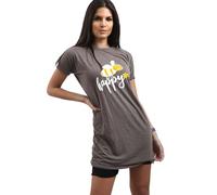 MBN Womens Ladies Bee Happy Slogan Printed Turn Up Sleeve Baggy T Shirt House Dress Charcoal Plus Size (UK 20/22)