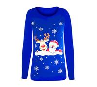 MBN Womens Ladies Chirstmas Xmas Long Sleeve Reindeer Frozen Xmas Tree Printed T Shirt Top Reindeer Santa Royal Blue S/M (UK 8/10)