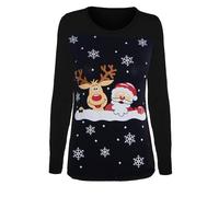 MBN Womens Ladies Chirstmas Xmas Long Sleeve Reindeer Frozen Xmas Tree Printed T Shirt Top Reindeer Santa Black S/M (UK 8/10)