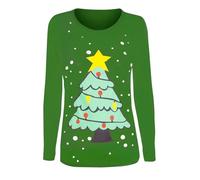MBN Womens Ladies Chirstmas Xmas Long Sleeve Reindeer Frozen Xmas Tree Printed T Shirt Top Tree Star Green M/L (UK 12/14)