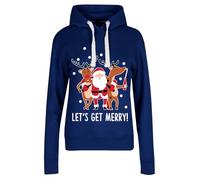MBN Womens Ladies Drawstring Hooded Christmas Let's Get Merry Printed Long Sleeve Sweatshirt Fleece Jumper Let's Get Merry Print Navy Medium (UK 10)