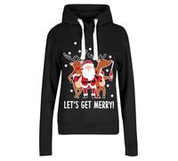 MBN Womens Ladies Drawstring Hooded Christmas Let's Get Merry Printed Long Sleeve Sweatshirt Fleece Jumper Let's Get Merry Print Black Large (UK 12)