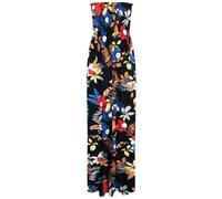 MBN Womens Ladies Floral Print Strapless Boobtube Shirred Gather Bandeau Maxi Dress Black-Yellow-&-Red-Leaf S/M (UK 8/10)