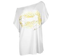 MBN Womens Ladies Lips Gold Foil Printed Batwing Oversized Baggy Basic T Shirt Top White Plus Size (UK 24/26)