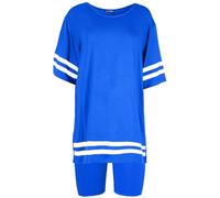 MBN Womens Ladies Stripes T-Shirt Cycling Shorts 2 Pc Active Gym Lounge Co-ord Set Royal Blue M/L (UK 12/14)