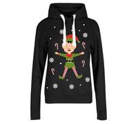 MBN Womens Long Sleeve Hooded Neck Fleece Christmas Elf Printed Hoodies Oversized Xmas Sweatshirt Top Black Medium (UK 10)
