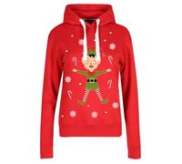 MBN Womens Long Sleeve Hooded Neck Fleece Christmas Elf Printed Hoodies Oversized Xmas Sweatshirt Top Red Small (UK 8)