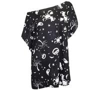 MBN Womens Oversized Batwing Sleeve All Over Printed Pumpkin Vampire Halloween One Shoulder Bardot T-Shirt Tee TopBlack Spooky Cat S/M (UK 8/10)